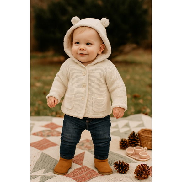 Baby Gap Ivory Sherpa Bear Ears Sweater Cardigan Jacket | Size 12-18 Months - Picture 2 of 9